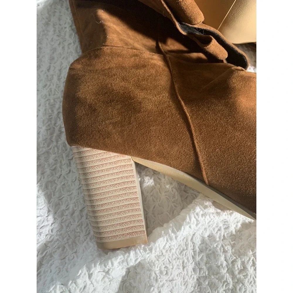 Retro Slip-on‎ Knee High Boots with Chunky Heel, Size 43